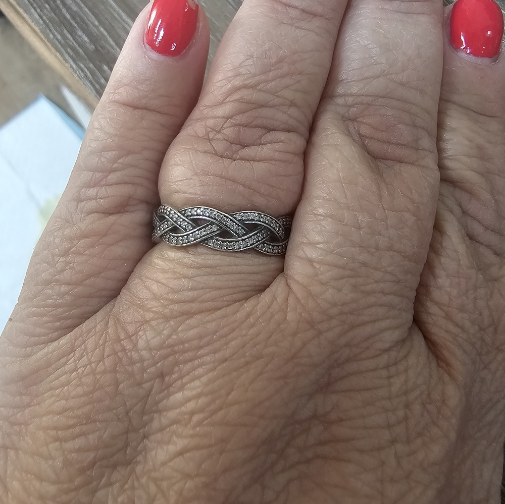 Pandora Sterling Silver Braided Ring With CZ Stones